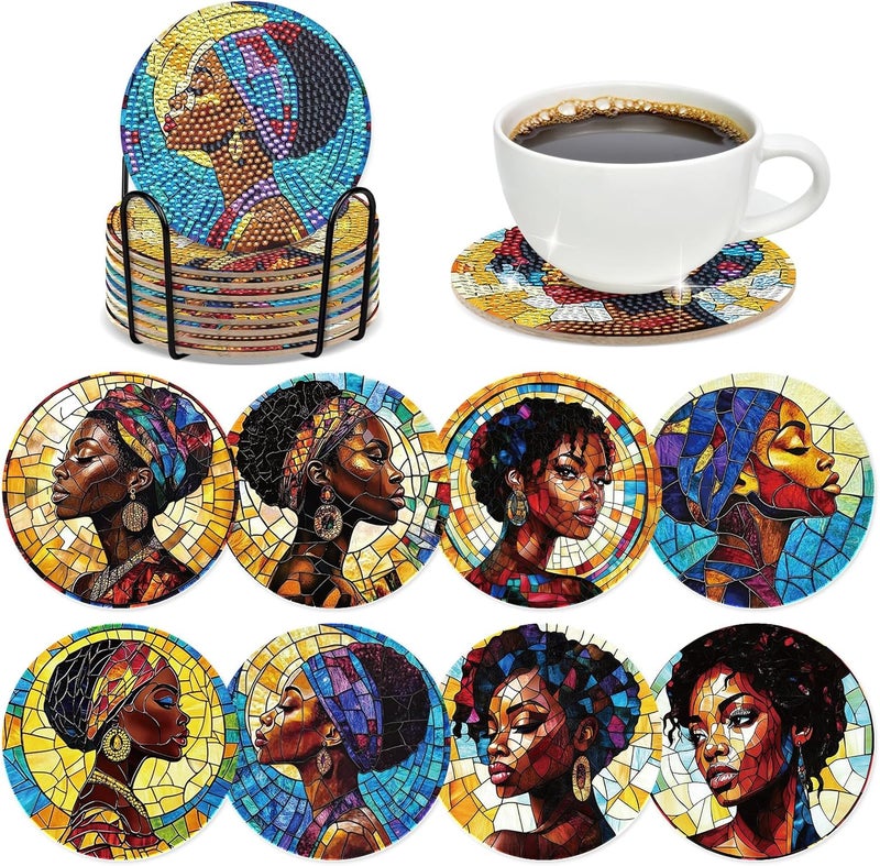 INCOK Black Woman Diamond Painting Coasters - 8 PCS DIY Colorful Glass Diamond Art Coasters Kits for Drinks Coffee Art Craft Supplies Birthday Holiday for African American Adult Beginners - Image 1