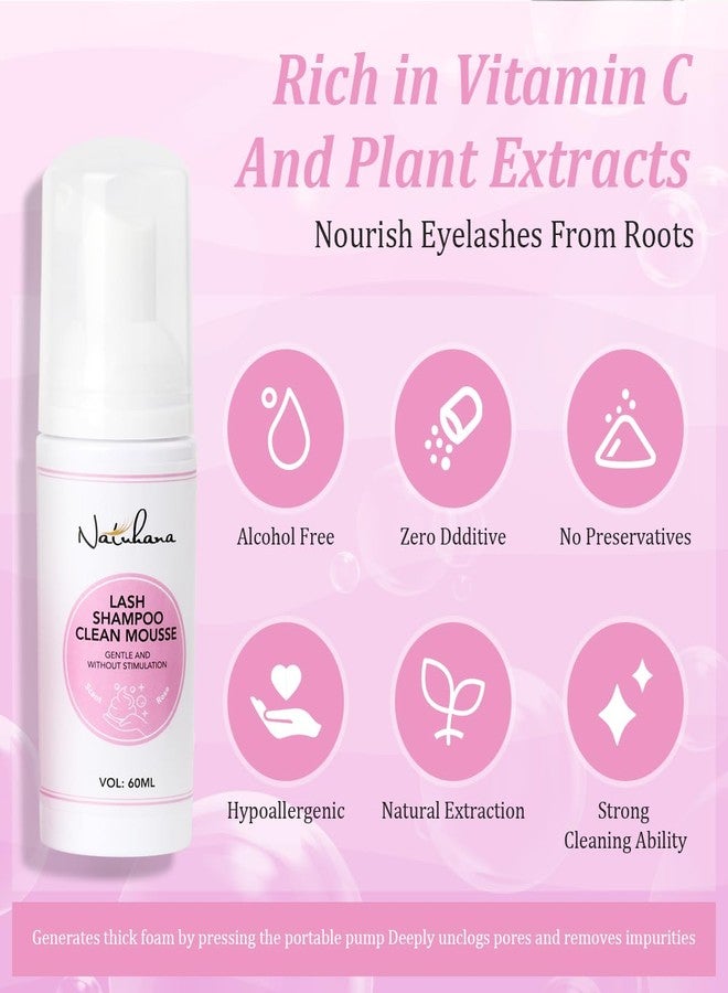NATUHANA Lash Shampoo Kit & Brush, 2.04 fl.oz/60ml Gentle Foaming Cleanser Eyelash Wash for Extensions and Natural Lashes, Safe Makeup Remover Suppiles for Salon Use and Home Care - Image 3