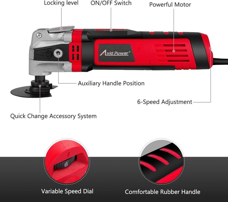 AVID POWER Oscillating Tool, 3.5-Amp Oscillating Multi Tool with 4.5° Oscillation Angle, 6 Variable Speeds and 13pcs Saw Accessories, Auxiliary Handle and Carrying Bag - Image 2