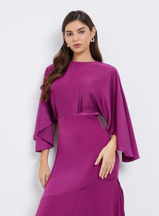 Styli Women Magenta Satin Maxi Dress with Draped Sleeves
