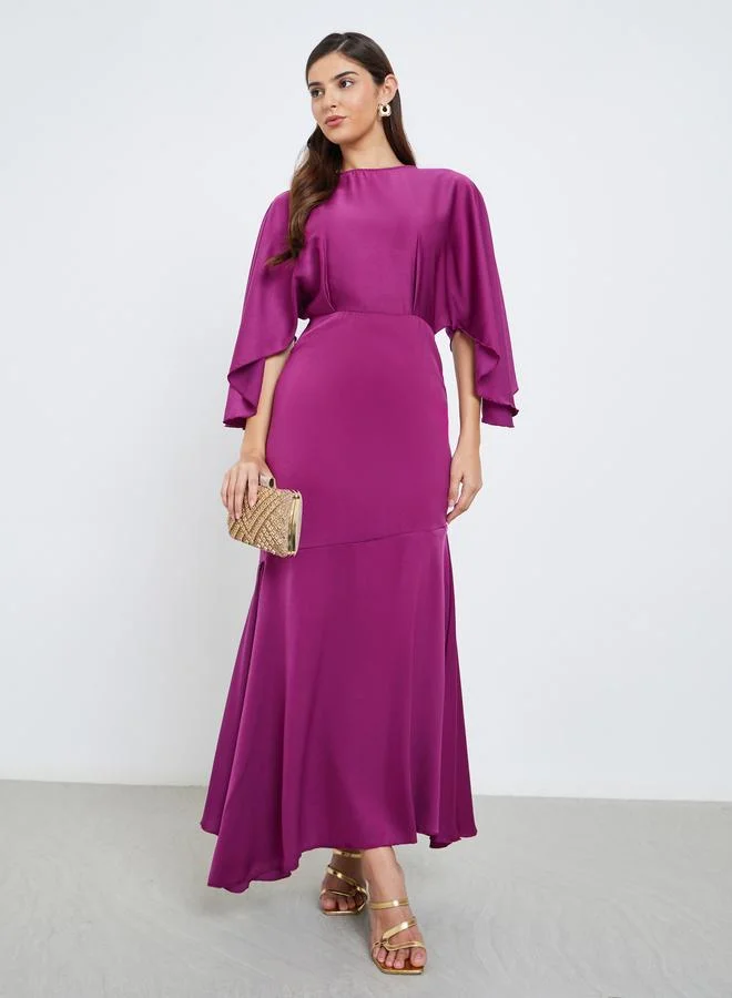 Styli Styli Women Magenta Satin Maxi Dress with Draped Sleeves