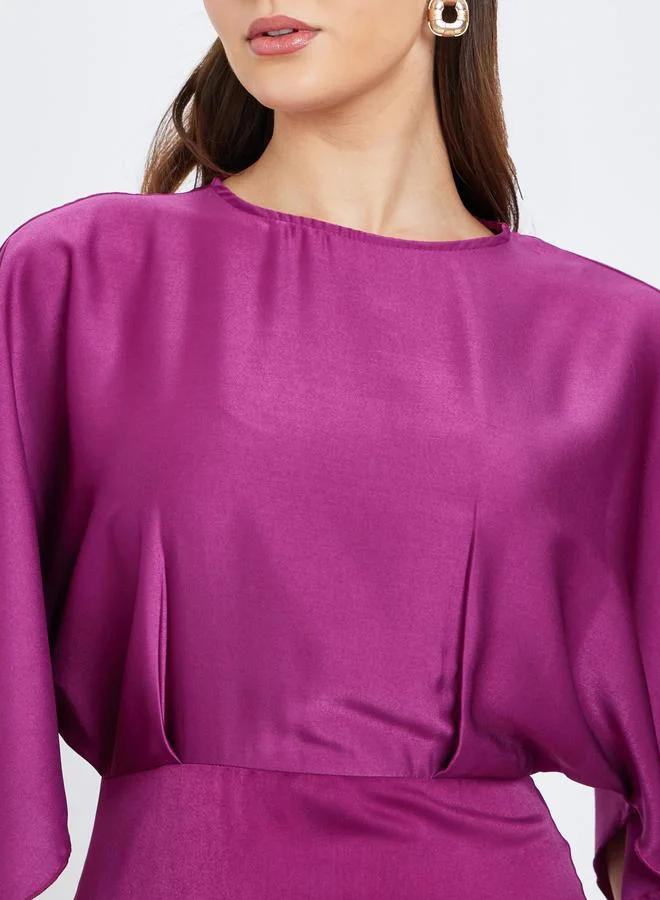 Styli Women Magenta Satin Maxi Dress with Draped Sleeves