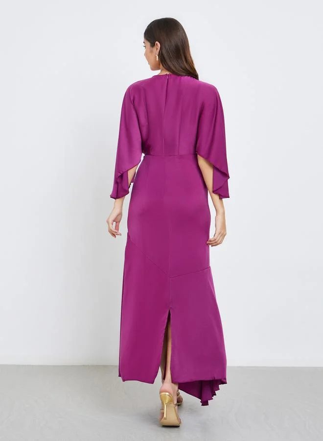 Styli Women Magenta Satin Maxi Dress with Draped Sleeves