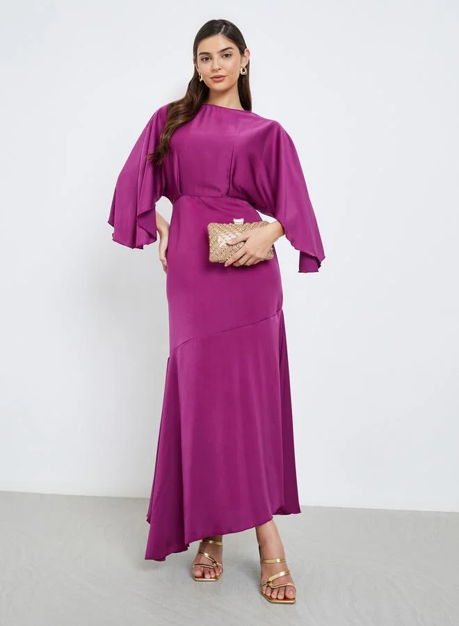 Styli Styli Women Magenta Satin Maxi Dress with Draped Sleeves