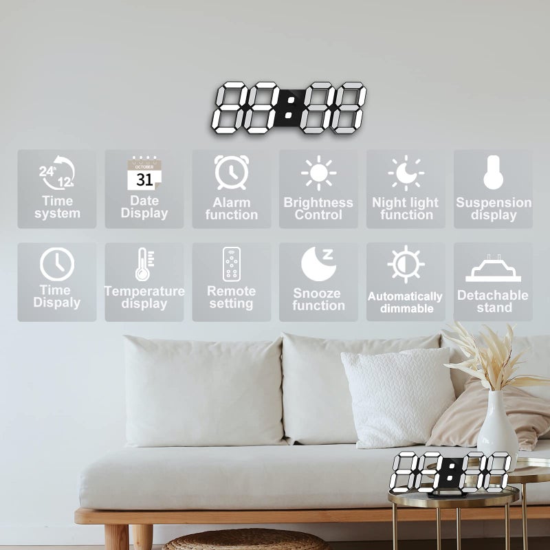 Deeyaple Led Digital Alarm Clock 3D Small Wall Clock Snooze Dimmable Time Memory 12/24 Date Temperature Remote Control Night Light Office Kitchen Living Room Bedroom (9.7 Inch, Black) - Image 2
