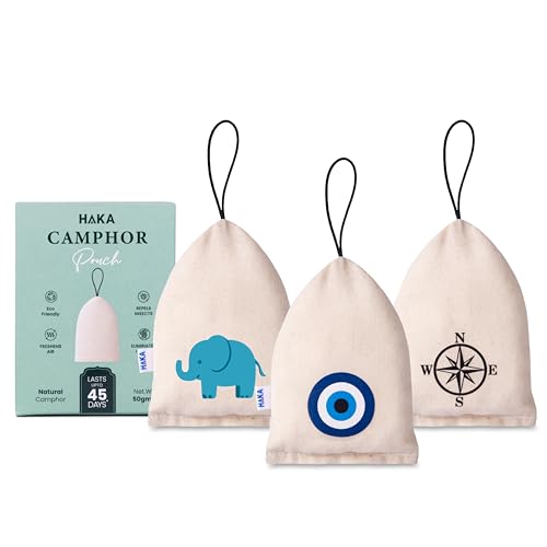 Haka Camphor Pouch –100% Pure Camphor | Multipurpose Natural Chemical Free Air Freshener for Car, Wardrobe, Bathroom & Room | Eco-Friendly Aroma Bag (Pack of 3) (Evil Eye, Compass, Elephant, Natural) - Image 1