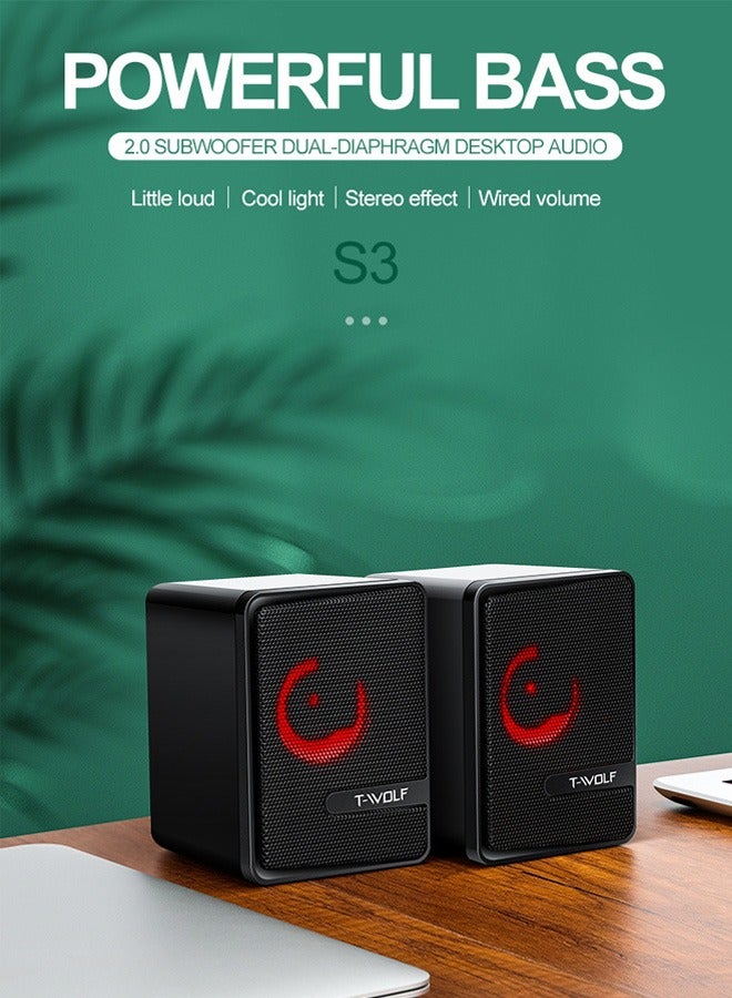 تي- وولف سبيكر قيمنق مكتبي USB مع مضخم صوت فرعي - صوت ستيريو وباس قوي، حوامل مزدوجة صغيرة، تشغيل فوري للكمبيوتر واللابتوب - Image 2