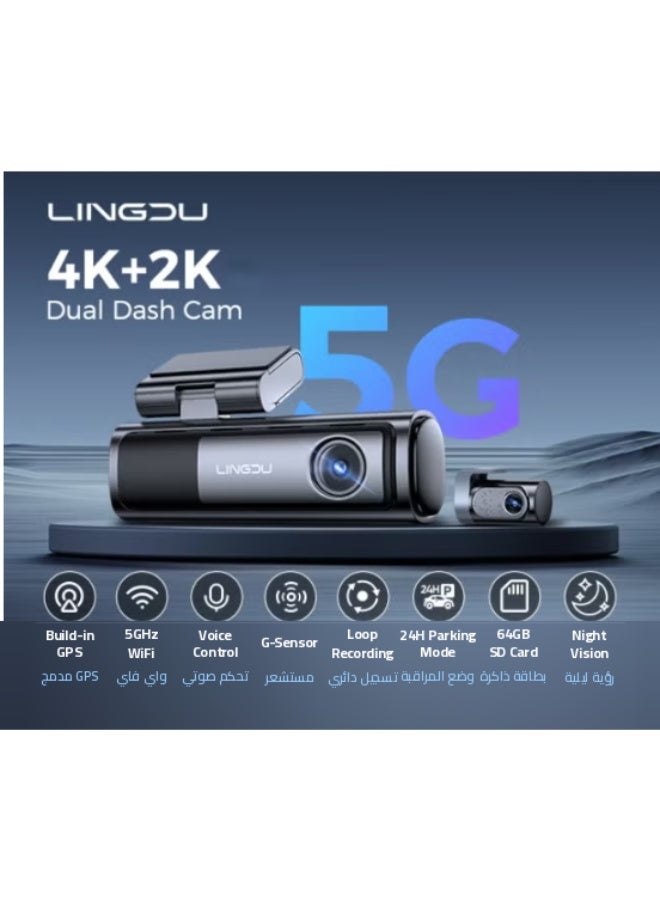 LINGDU LD06 Dual Channel Dash Cam with Sony IMX415 Sensor, 4K+2K Front & Rear Recording, Built-in GPS, 5G Wi-Fi, Bluetooth & Voice Control - Image 1