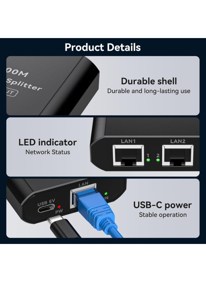 ماركة غير محددة مقسم إيثرنت جيجابت 1 إلى 2 مع كابل طاقة USB-C – مقسم LAN عالي السرعة 1000Mbps  - Image 2