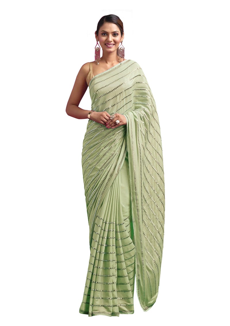 TRENDMALLS Women's Silk Embroidery Sequin Work Saree with Unstitch Blouse Piece (K972-LightGreen) - Image 1