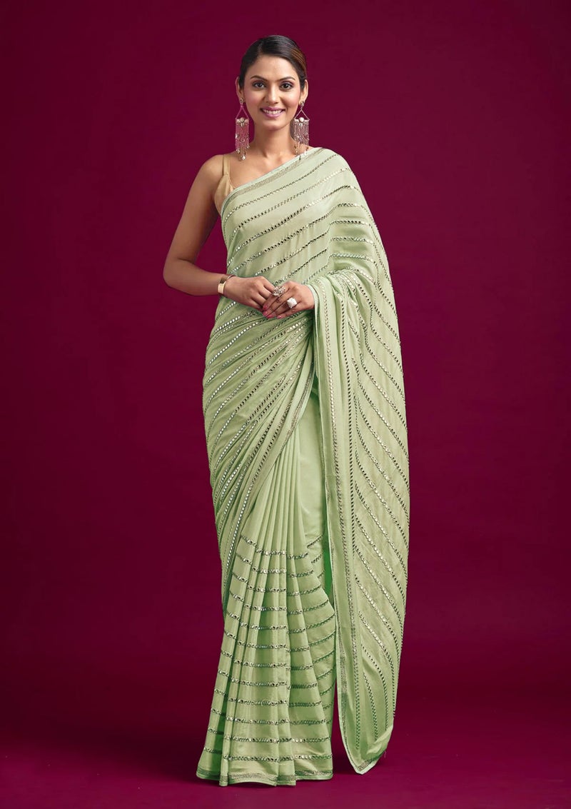 TRENDMALLS Women's Silk Embroidery Sequin Work Saree with Unstitch Blouse Piece (K972-LightGreen) - Image 2