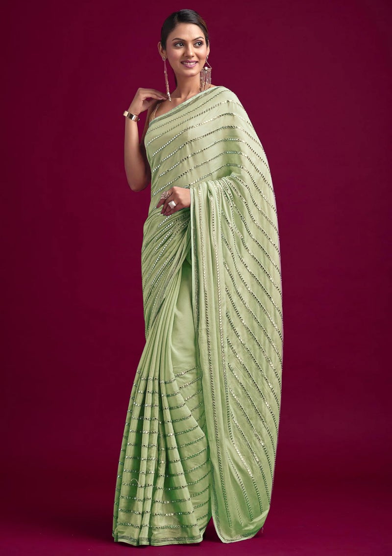 TRENDMALLS Women's Silk Embroidery Sequin Work Saree with Unstitch Blouse Piece (K972-LightGreen) - Image 4