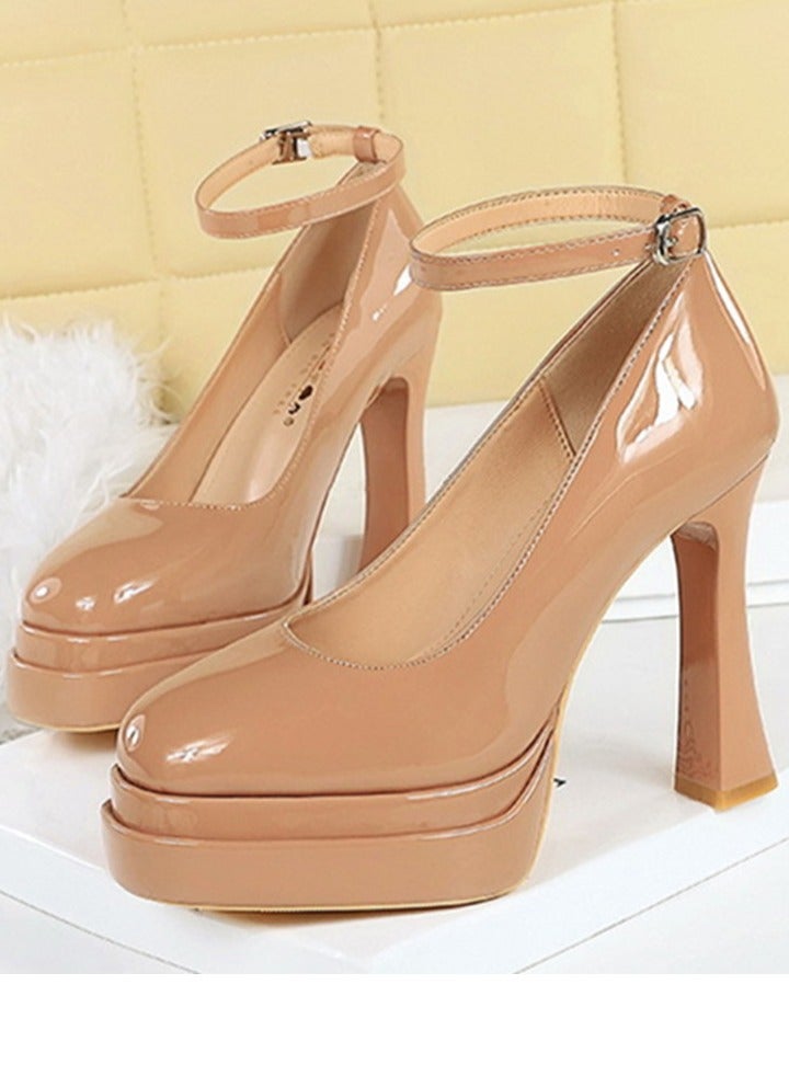 بيج تري منصة المرأة الكعب العالي السمك جولة إصبع القدم المغلق مع مضخات حزام الكاحل لون عاري 11.5CM - Image 1