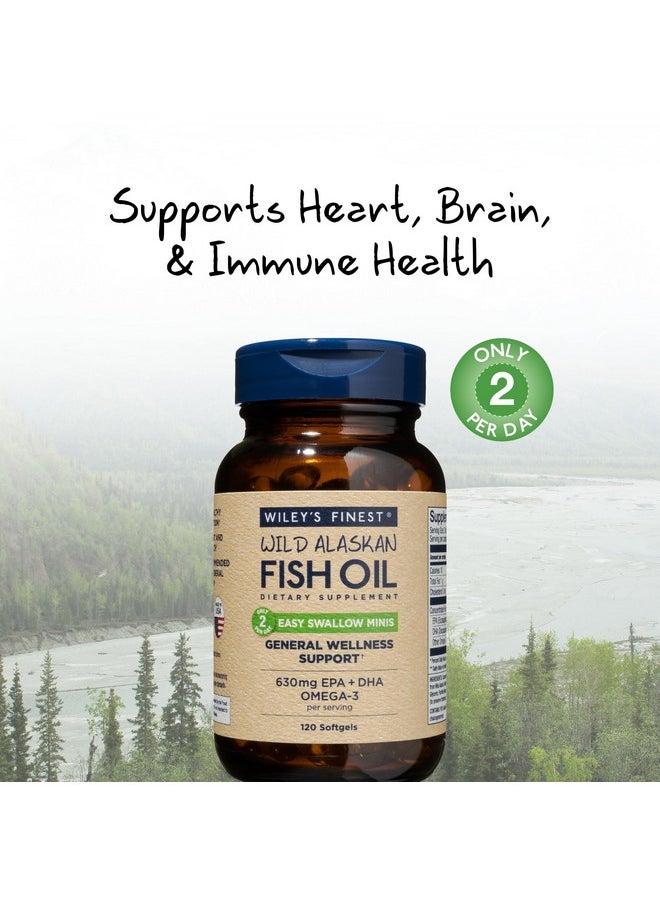Wiley's Finest Wiley's Finest Wild Alaskan Fish Oil Easy Swallow Minis - Omega-3 Fish Oil Supplement for Adults and Kids - Double-Strength 630mg EPA and DHA Natural Supplement - 120 Mini Softgels (60 Servings)  - Image 1