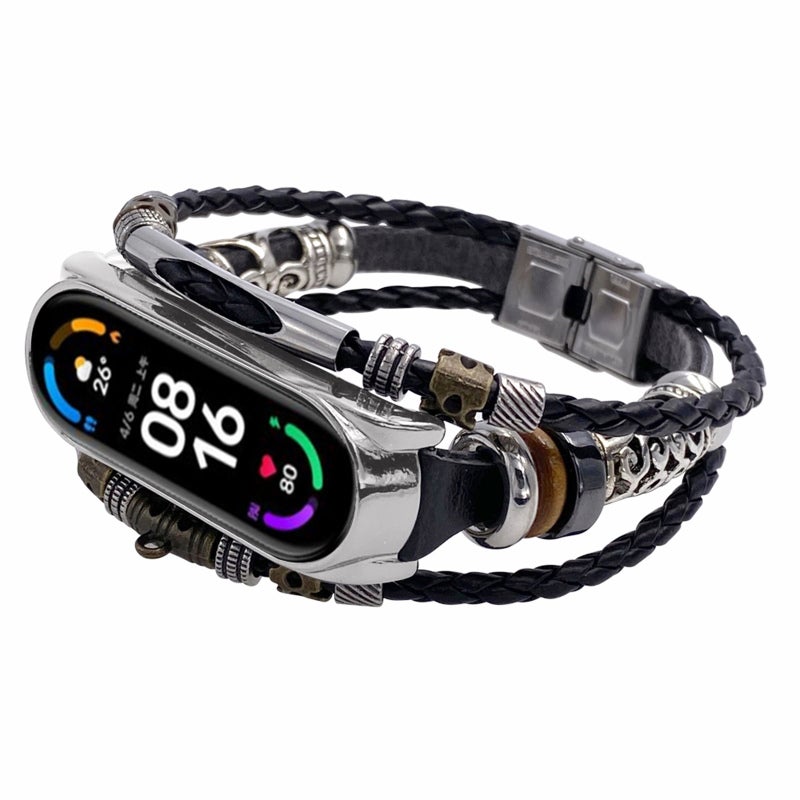 Wrist Strap: Leather & Metal Alloy Retro Strap - Skin-Friendly Adjustable Bead-Designed Replacement Strap for Xiaomi Mi Band 5, 6 & 6 NFC Daily Wear - Image 1