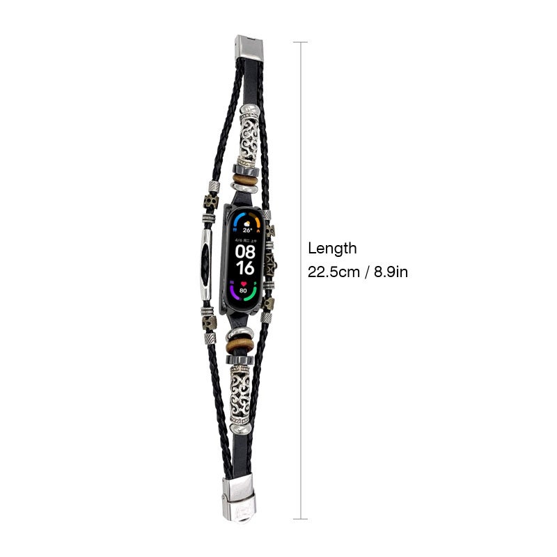 Wrist Strap: Leather & Metal Alloy Retro Strap - Skin-Friendly Adjustable Bead-Designed Replacement Strap for Xiaomi Mi Band 5, 6 & 6 NFC Daily Wear - Image 4