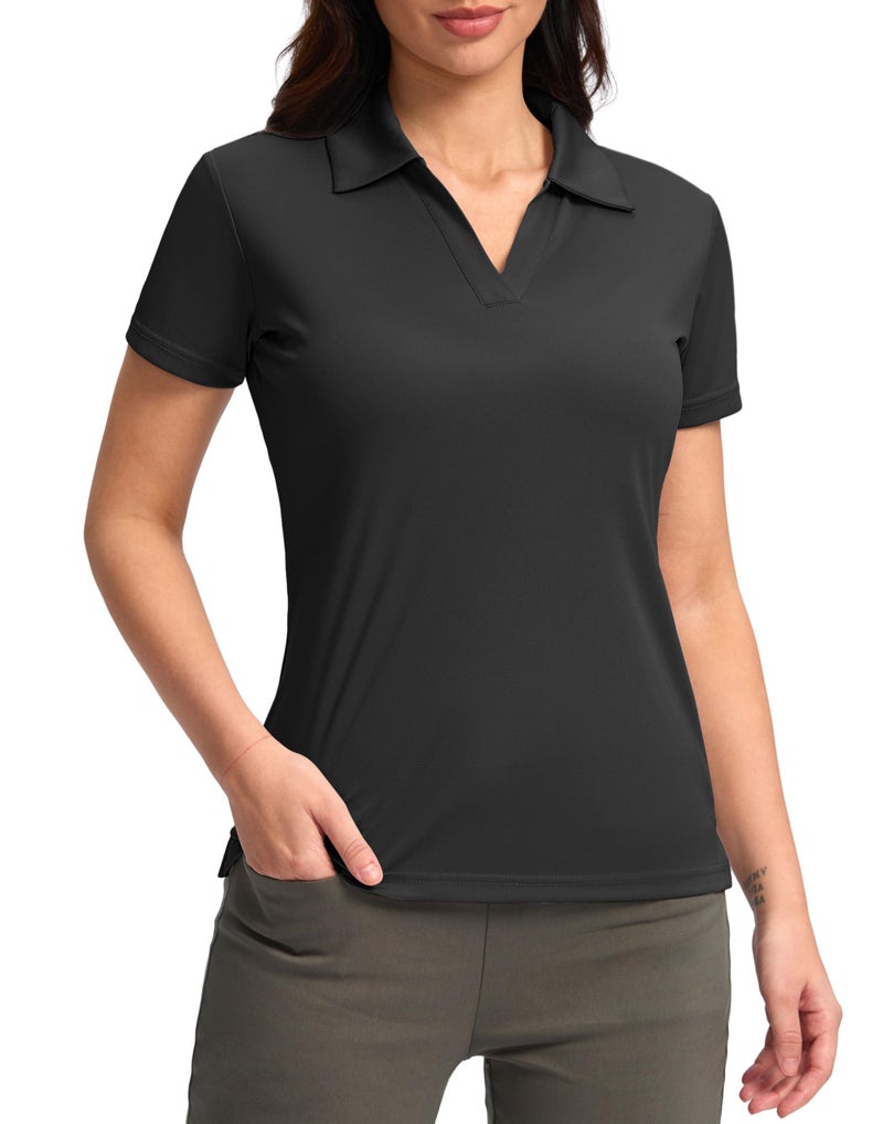 SANTINY Women's Golf Shirt Collared V-Neck Casual Work Tennis Tops UPF50+ Collared Polo Shirts for Women (Black_M) - Image 1