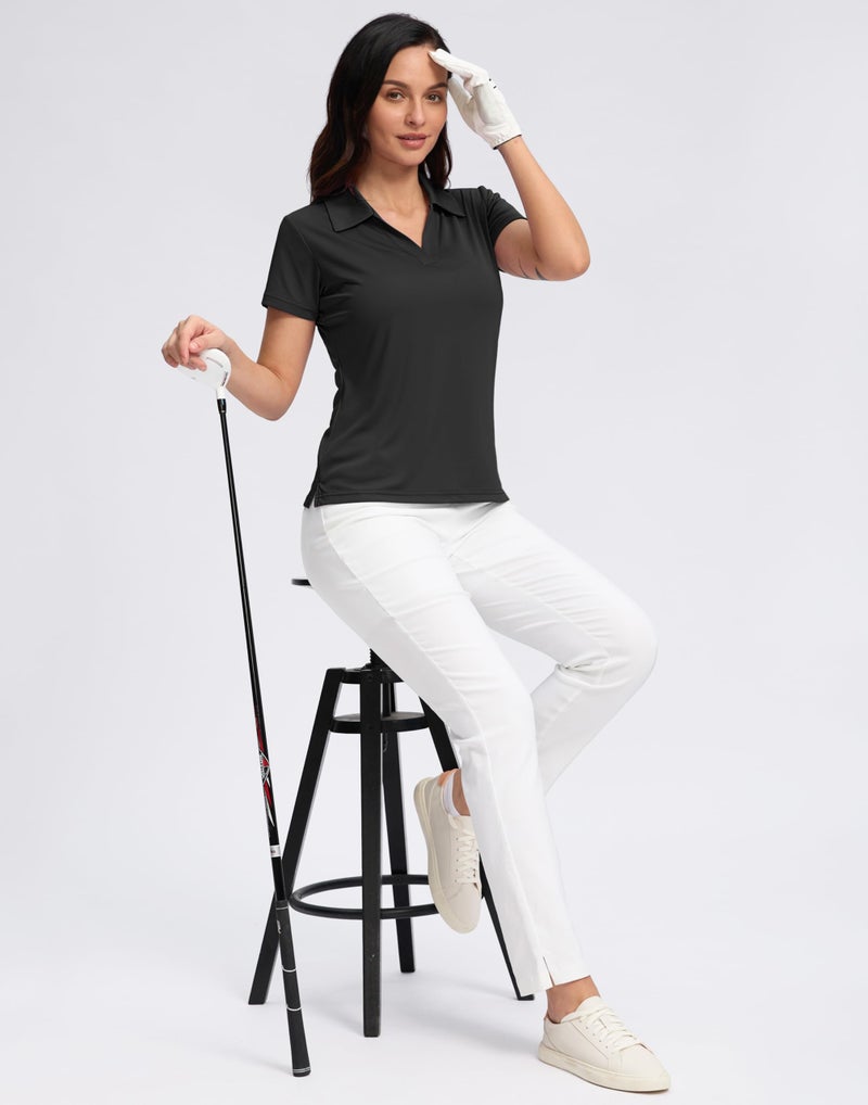 SANTINY Women's Golf Shirt Collared V-Neck Casual Work Tennis Tops UPF50+ Collared Polo Shirts for Women (Black_M) - Image 5