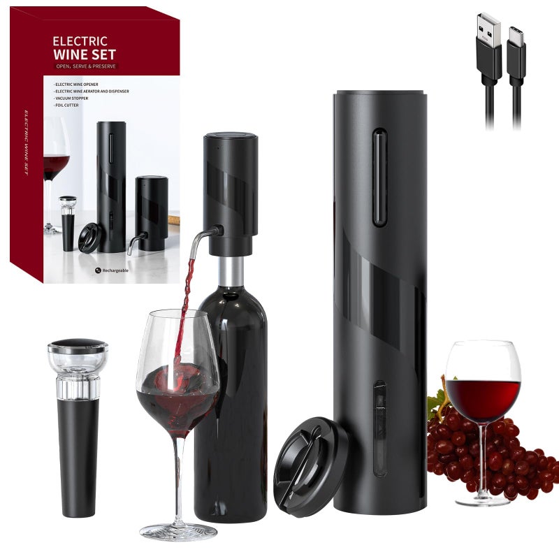 COKUNST COKUNST Electric Wine Opener SetUSB Rechargeable Bottle Opener and Wine DecanterWine Aerator and PourerWine StopperFoil Cutter 4in1 Gift Set for Wine Lovers Home Kitchen Party Wedding Bar SGSKD7