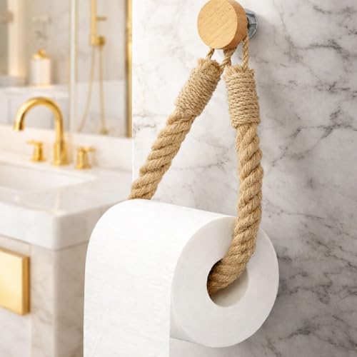 CHIBRO Toilet Roll Hanger for Bathroom | Wall Mounted Bamboo & Rope Tissue Holder | Eco-Friendly Rustic Roll Dispenser | Natural Look Toilet Paper Holder for Home Decor (Thick Rope) - Image 1