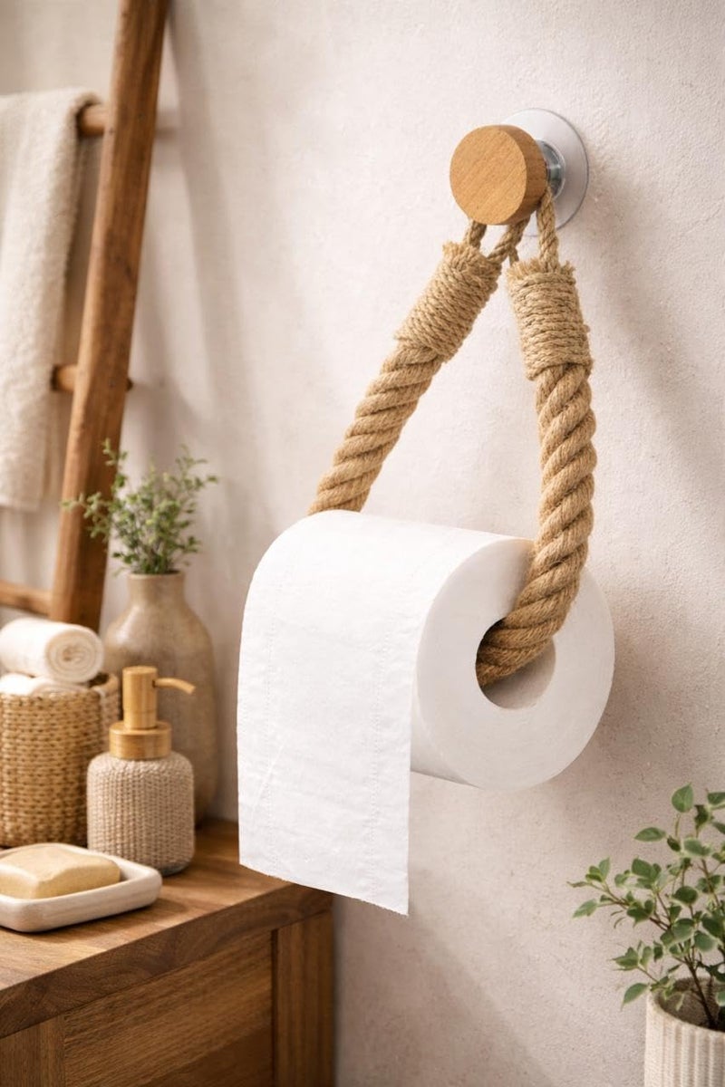 CHIBRO Toilet Roll Hanger for Bathroom | Wall Mounted Bamboo & Rope Tissue Holder | Eco-Friendly Rustic Roll Dispenser | Natural Look Toilet Paper Holder for Home Decor (Thick Rope) - Image 5
