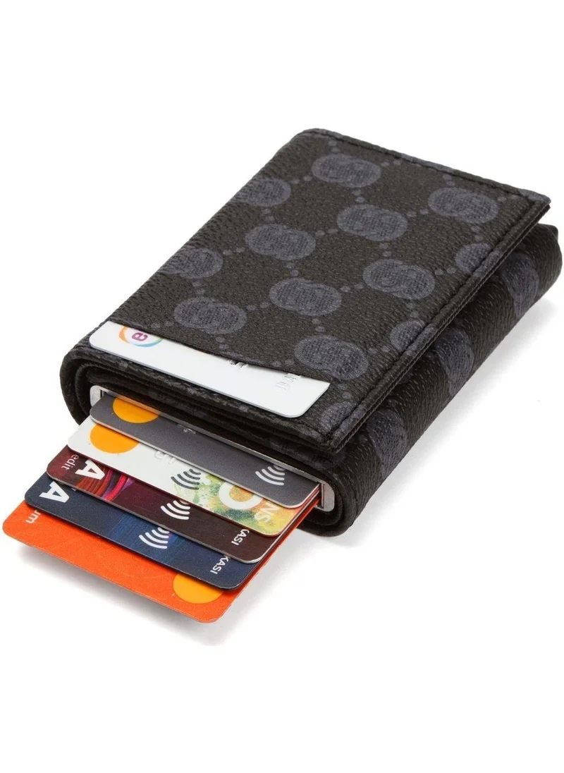 Newish Polo Black Patterned Mechanism Unisex Wallet and Card Holder