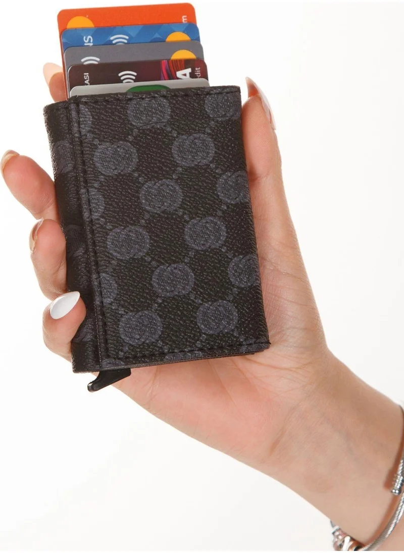 Newish Polo Black Patterned Mechanism Unisex Wallet and Card Holder
