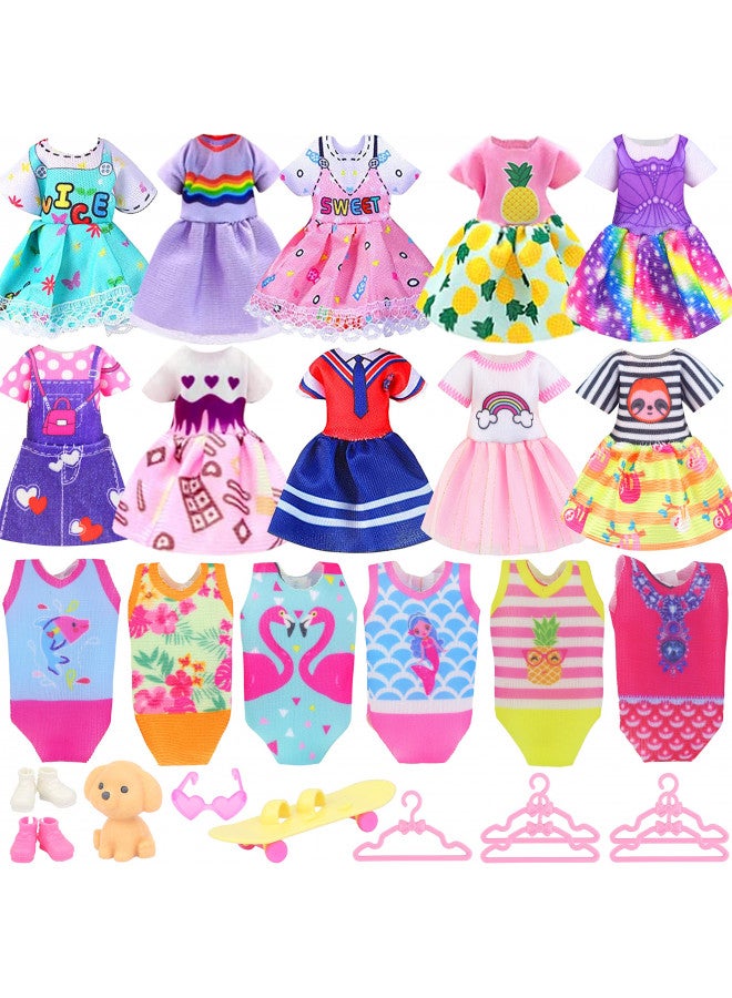 ZITA ELEMENT 16 Pcs 5.3 Inch - 6 Inch Girl Doll Clothes and Accessories - 3 Dresses, 3 Swimsuits, 2 Shoes, 5 Outfits Hangers, 1 Skateboard, 1 Glasses and 1 Toy Dog - Image 1