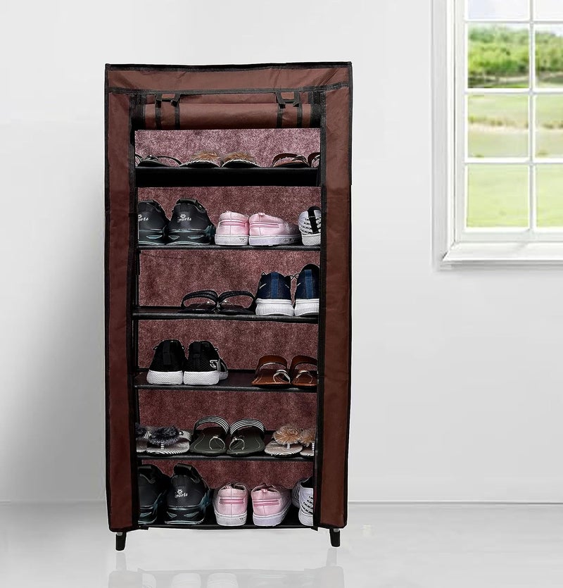 PHILOSHOP Multipurpose Collepsible 6 Layer Metal Shoe Rack Collepsible WardrobeShoe Cabinet with Adjustable Shelves Shoe Rack for Home Office Brown Metal - Image 1