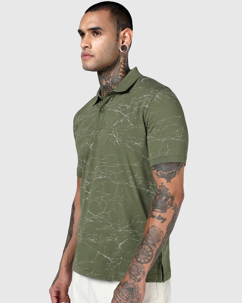 بيواكوف Men's Capulet Olive Green All Over Printed Polo T-shirt
