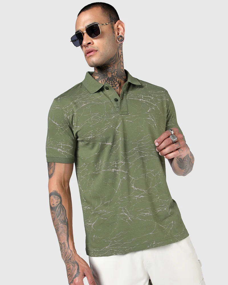 بيواكوف Men's Capulet Olive Green All Over Printed Polo T-shirt
