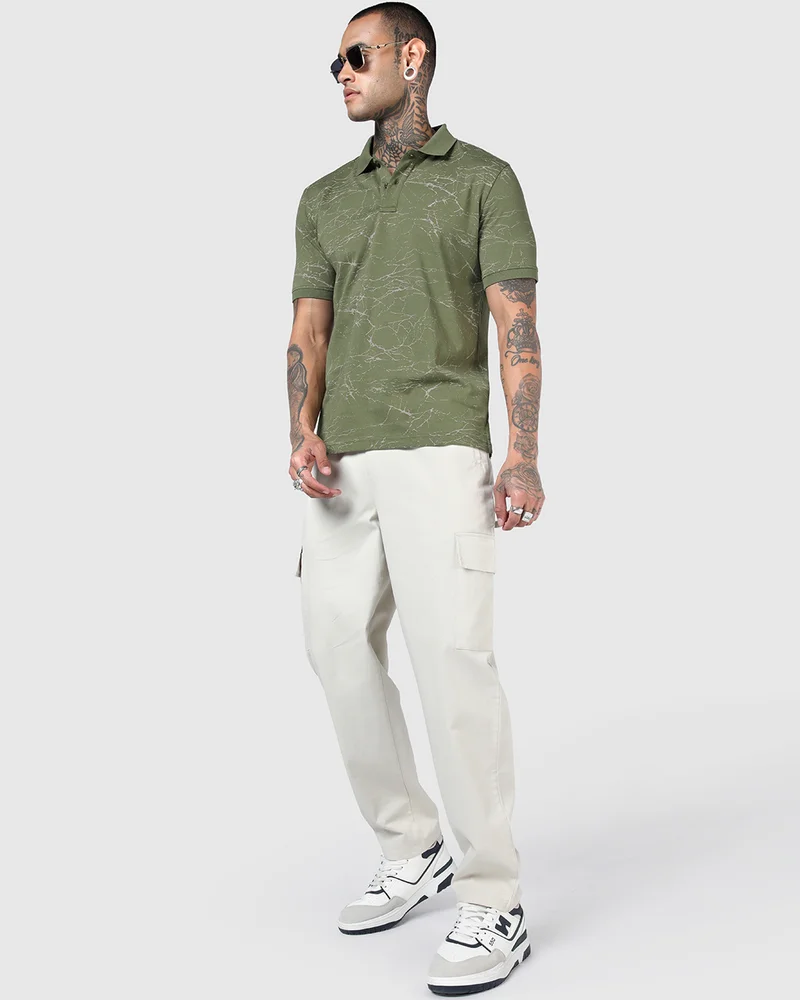 bewakoof  Men's Capulet Olive Green All Over Printed Polo T-shirt for Men | Best Price UAE