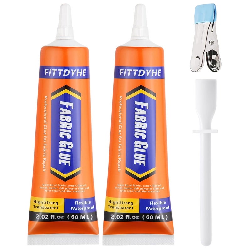 FITTDYHE 2 Pack Fabric Glue Permanent, 60ML/2.02oz Washable Clear Clothing Glue, Super Fabric Adhesive for Rhinestones, Patches, Clothes, Denim, Leather, Polyester, Fabrics, Doll Repair, Flannel, Cotton - Image 1