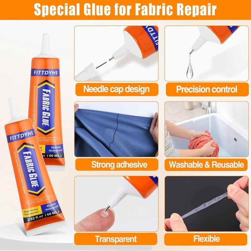 FITTDYHE 2 Pack Fabric Glue Permanent, 60ML/2.02oz Washable Clear Clothing Glue, Super Fabric Adhesive for Rhinestones, Patches, Clothes, Denim, Leather, Polyester, Fabrics, Doll Repair, Flannel, Cotton - Image 3