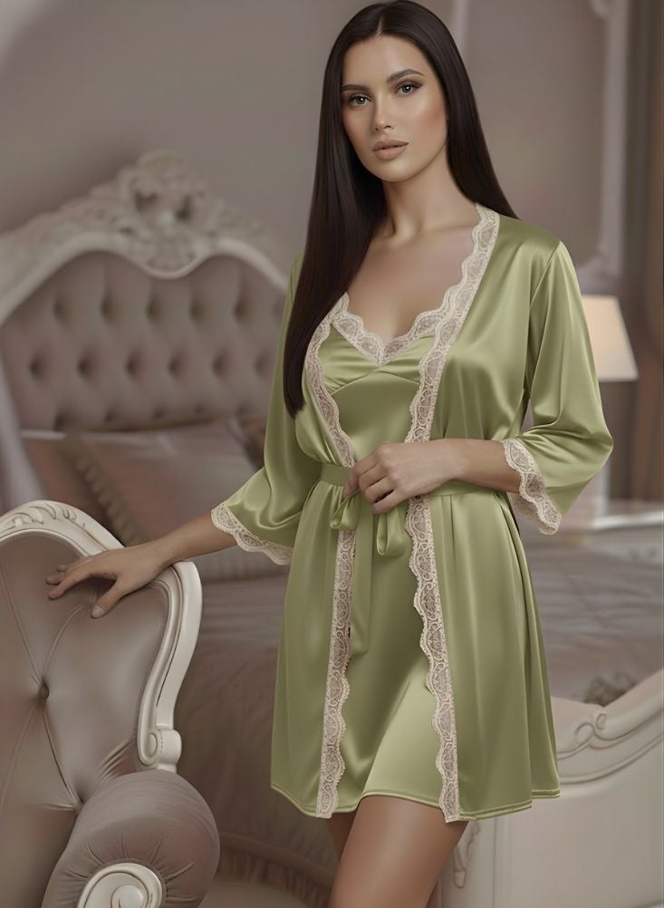 Cute Olive Green Satin Nightwear Robe for Women – Lightweight Lace-Edged Short Gown with Adjustable Waist Tie, Elegant Sleep & Lounge Wear - Image 1