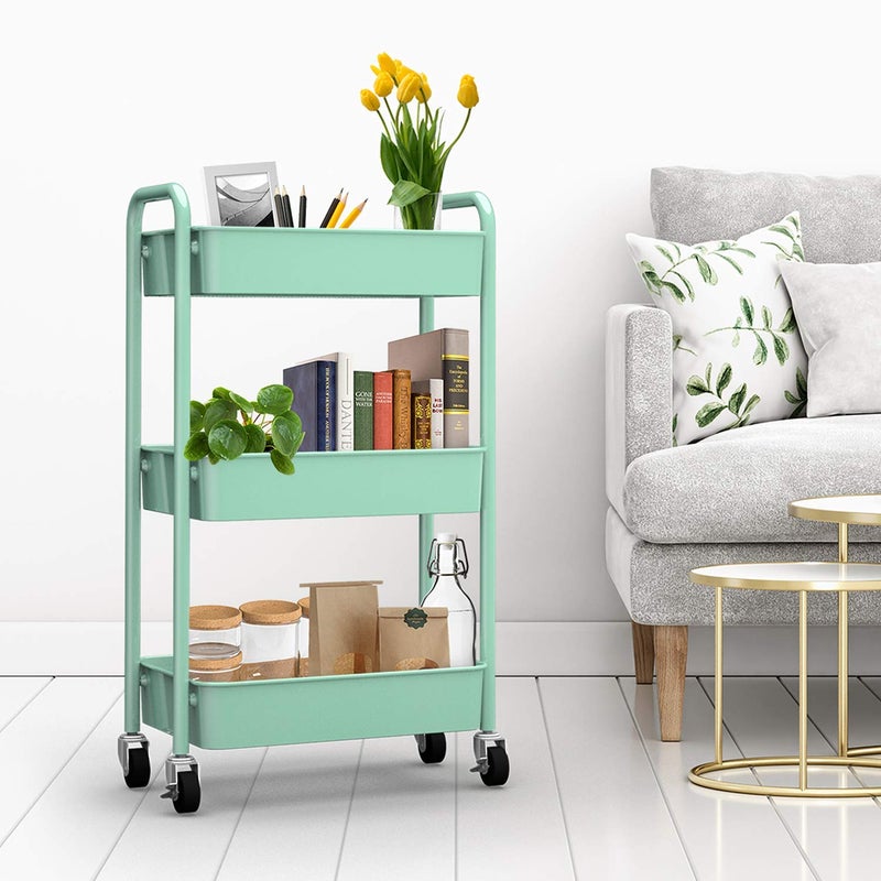 كاكسا منظم تخزين معدني متحرك من كاكسا بثلاث طبقات - عربة متعددة الاستخدامات، عربة مطبخ بعجلات (أخضر مائي) - Image 4
