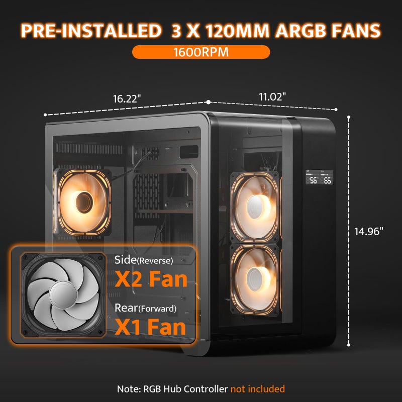 darkFlash MATX Gaming PC Case with Screen, Three Side Glass Micro-ATX Case, Curved Full View Dual, 3 PWM ARGB Fans Computer Case Pre-Installed, Type C, RTX 40 Compatible, Black(L280M) - Image 4