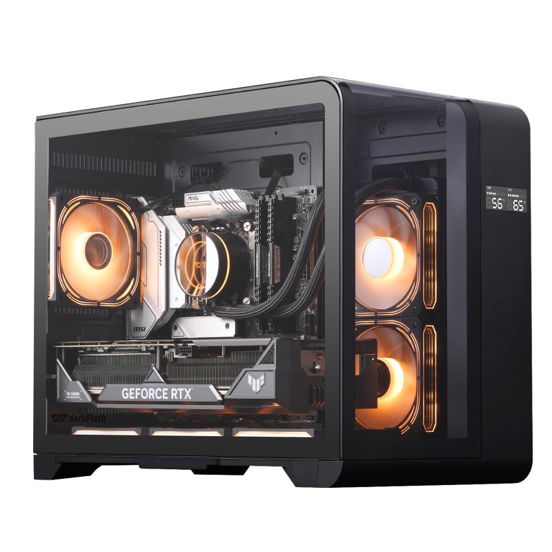 darkFlash MATX Gaming PC Case with Screen, Three Side Glass Micro-ATX Case, Curved Full View Dual, 3 PWM ARGB Fans Computer Case Pre-Installed, Type C, RTX 40 Compatible, Black(L280M) - Image 1