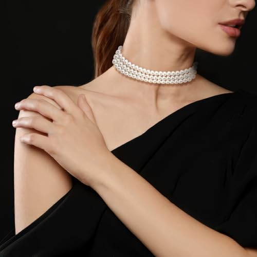 Xyulaan Women's Wedding Boho Vintage Pearl Choker Necklace Set with Earrings, Layered Imitation Pearl Necklaces, Bridal Elegant Multi-layer Pearl Costume Jewelry - Image 3