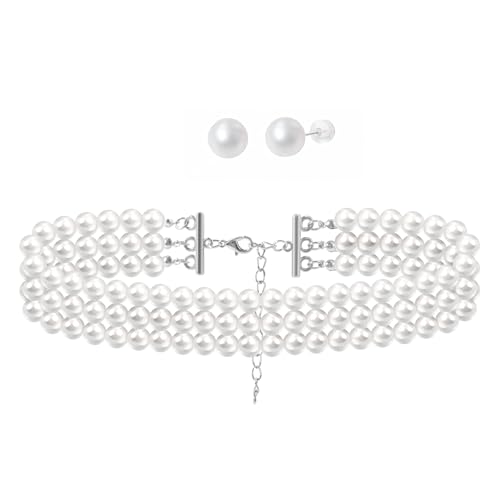 Xyulaan Women's Wedding Boho Vintage Pearl Choker Necklace Set with Earrings, Layered Imitation Pearl Necklaces, Bridal Elegant Multi-layer Pearl Costume Jewelry - Image 1