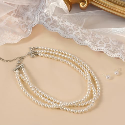 Xyulaan Women's Wedding Boho Vintage Pearl Choker Necklace Set with Earrings, Layered Imitation Pearl Necklaces, Bridal Elegant Multi-layer Pearl Costume Jewelry - Image 5