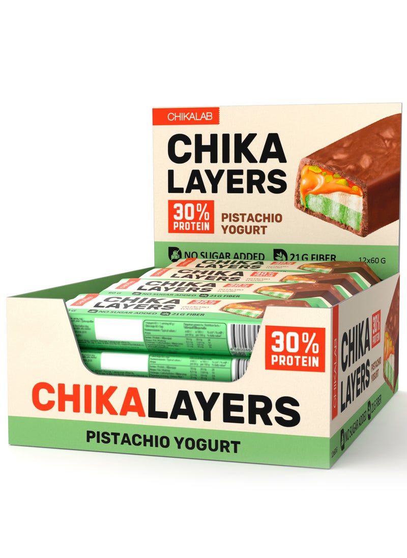 Chikalab - Chika Layers Chocolate Protein Bar with Pistachio Yogurt No Sugar Added 12x60g - Image 1