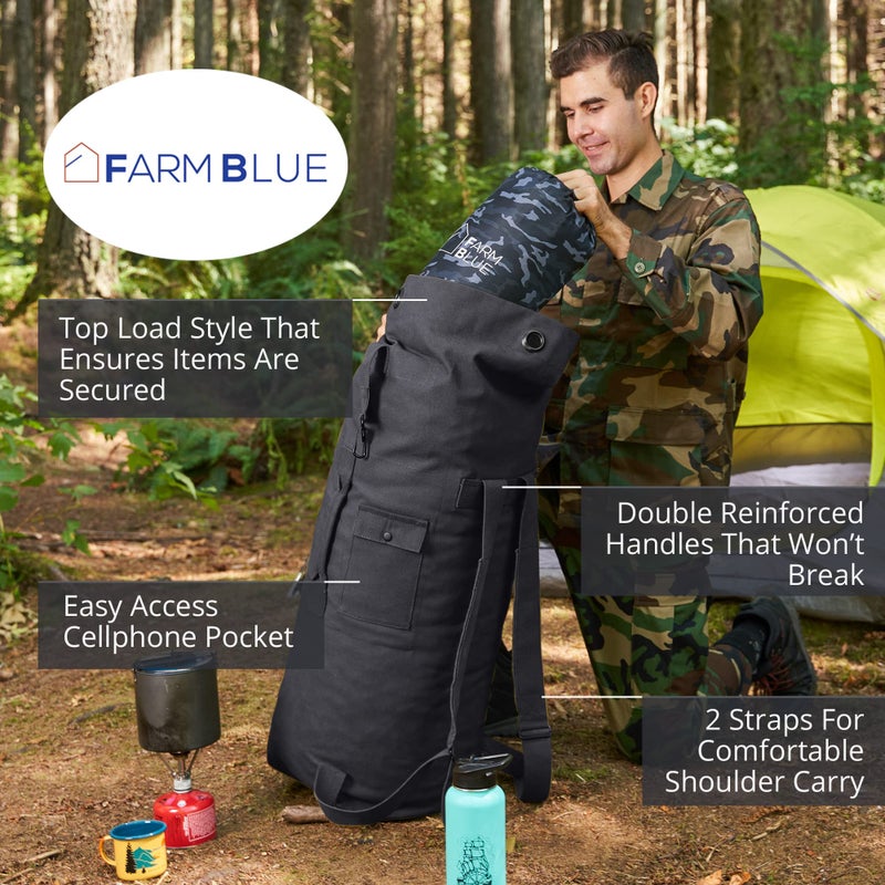 Farm Blue حقيبة دفل عسكرية كبيرة برباطين من فارم بلو - XL - قماش قطن ثقيل - حقيبة سفر للرجال والنساء، غرف السكن، معسكرات الصيف، حتى قوات البحرية! حقيبة معدات تكتيكية - 22" × 38" باللون الأسود - Image 4