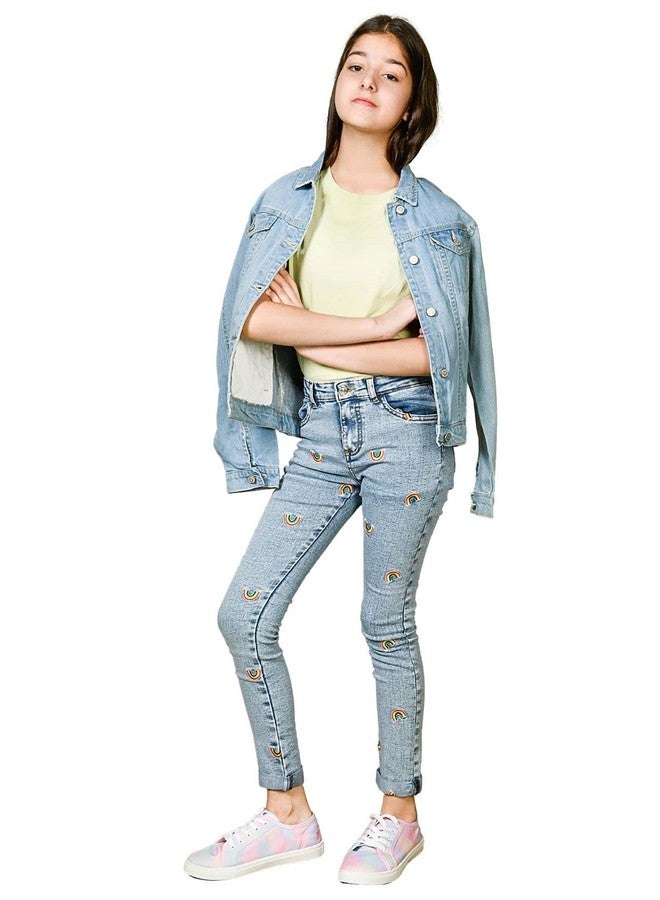 LILPICKS Girls Rainbow Designed Skinny Denim Jeans (Light Blue) (14-15Y) - Image 1