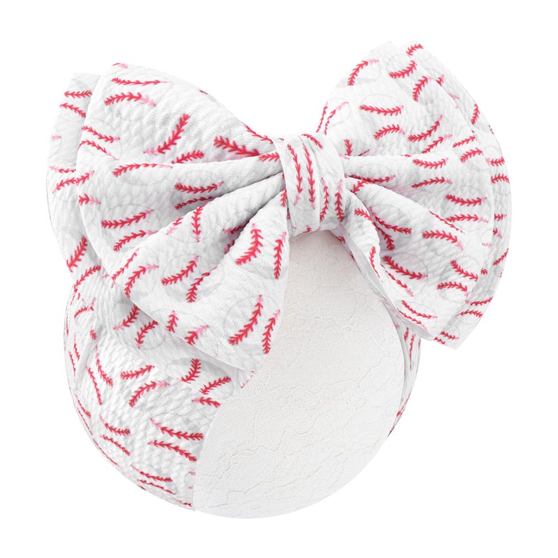 ONENINEDREAM Baseball Baby Bows Headbands Game Day Hair Bow High Stretchy Soft Nylon Headbands Handmade Hairbands with Bows Hair Accessories for Infant White Red - Image 1