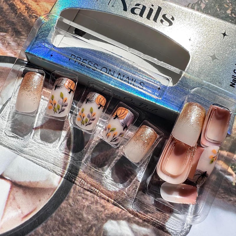 WULIUFLY Easy daily handling design 24Pcs Fall Press on Nails Short Square Fake Nails Orange Pumpkins Glue on Nails Thanksgiving False Nails Full Cover Autumn Leaves Acrylic Nails Glitter Design French Tip Press ons Artificial Nails Kit Tight fitted parts - Image 2