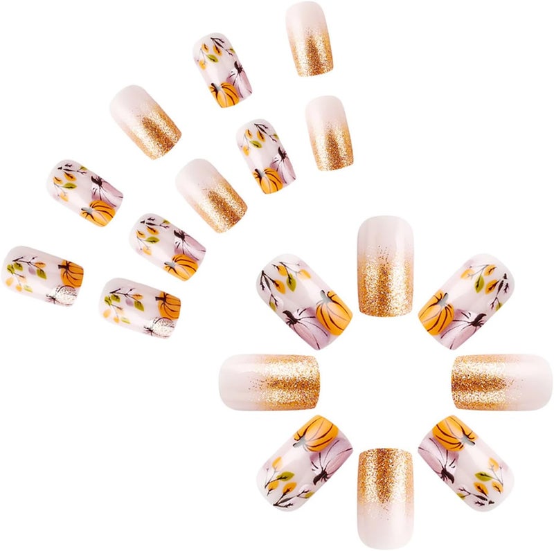 WULIUFLY Easy daily handling design 24Pcs Fall Press on Nails Short Square Fake Nails Orange Pumpkins Glue on Nails Thanksgiving False Nails Full Cover Autumn Leaves Acrylic Nails Glitter Design French Tip Press ons Artificial Nails Kit Tight fitted parts - Image 5