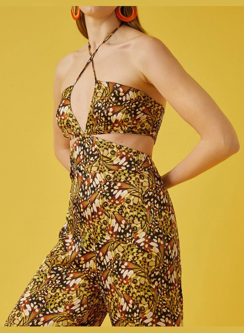 KOTON Tie Detail Cut Out Detail Patterned Jumpsuit