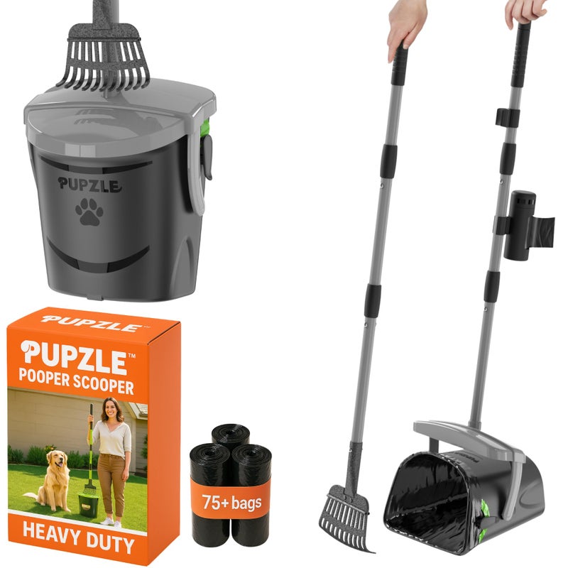 Pupzle Dog Pooper Scooper with Bag Attachment, 40" Long Handle Pooper Scooper for Large Dogs, Dog Poop Scoop for Yard, Large Capacity Swivel Bin and Rake, Lavender Scented Bags (Grey) - Image 1