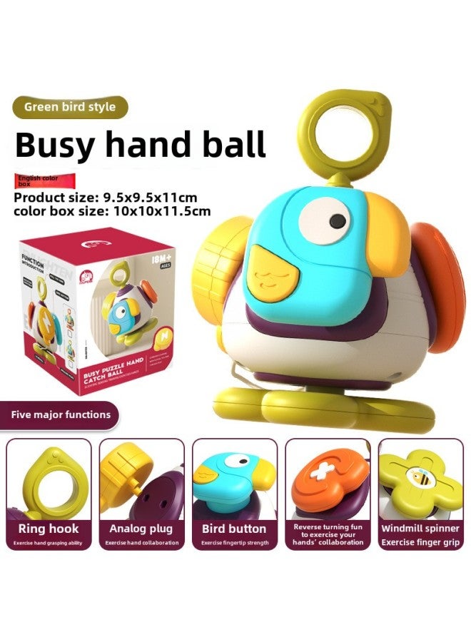 Infants Can Bite Soft Rubber Hand-held Ball Rattle Toys To Learn The Rainbow Plug Plug Plug Pull Pull Pull Baby Toys-Color:[Green Bird] Busy Hand Catch Ball-English Color Box 118g - Image 1